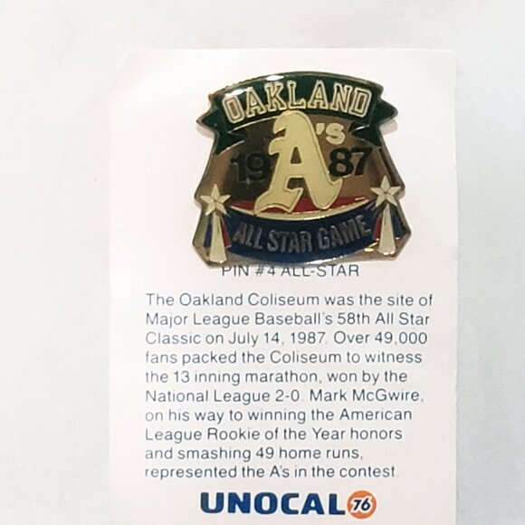 Oakland A's Athletics All Star Game Unocal 76 Lapel Pin Card #4 Baseball 1" - Picture 2 of 3